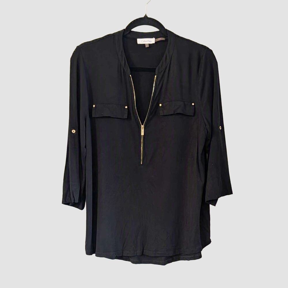 Calvin Klein Black Zip Neck Blouse Gold Hardware Roll Tab Sleeve Top M